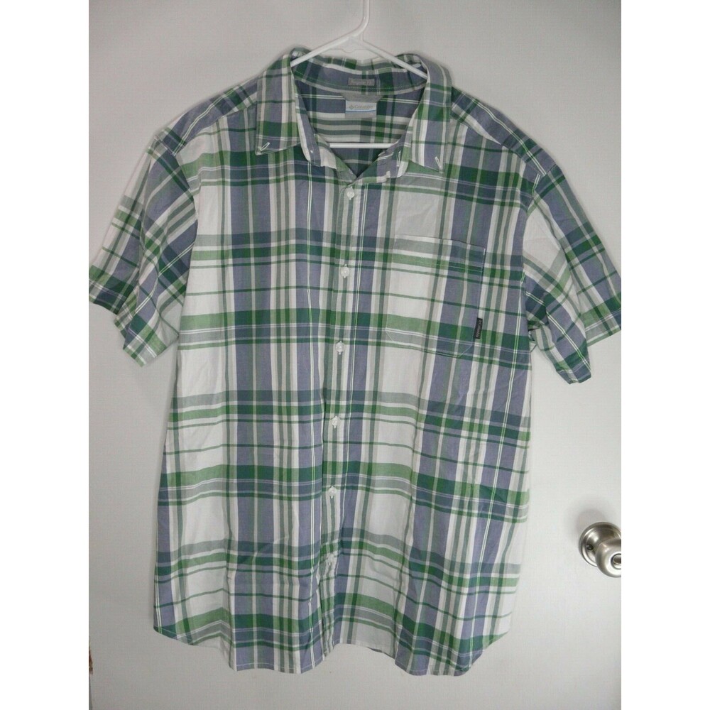 Columbia Mens XL Short Sleeve Regular Fit Button Up Green Plaid Shirt
